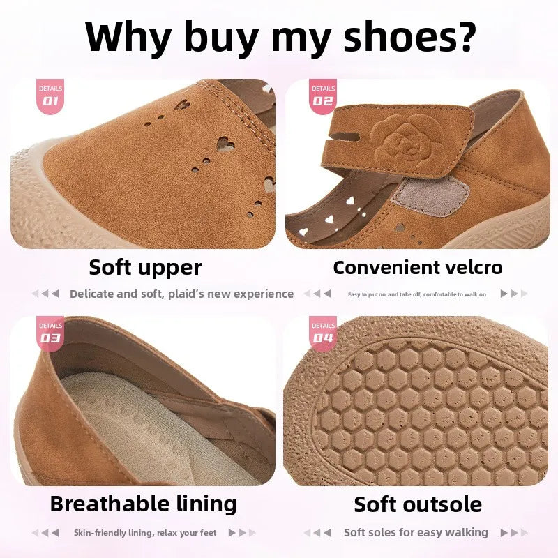 Ballerines en Daim à Bride Velcro Ajourées à Coeur