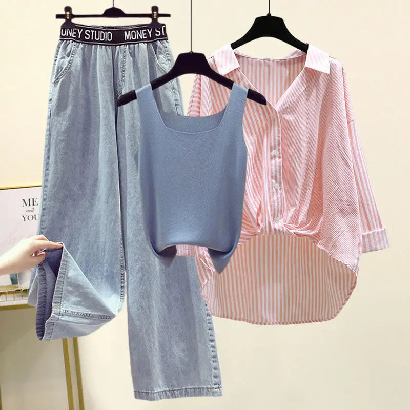 Ensemble 3PCS - Débardeur, Chemise à Rayures & Pantalon Ample