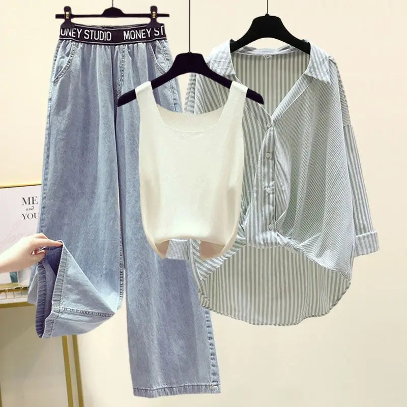 Ensemble 3PCS - Débardeur, Chemise à Rayures & Pantalon Ample