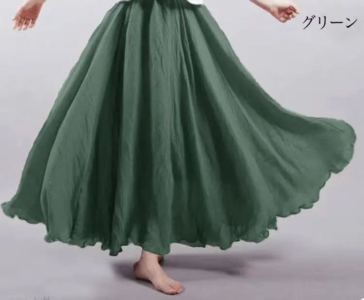 High-Waisted Elastic Cotton & Linen Long Skirt