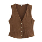 Ensemble 2PCS Texturé Veston Sans Manche à Bouton & Pantalon Élastique