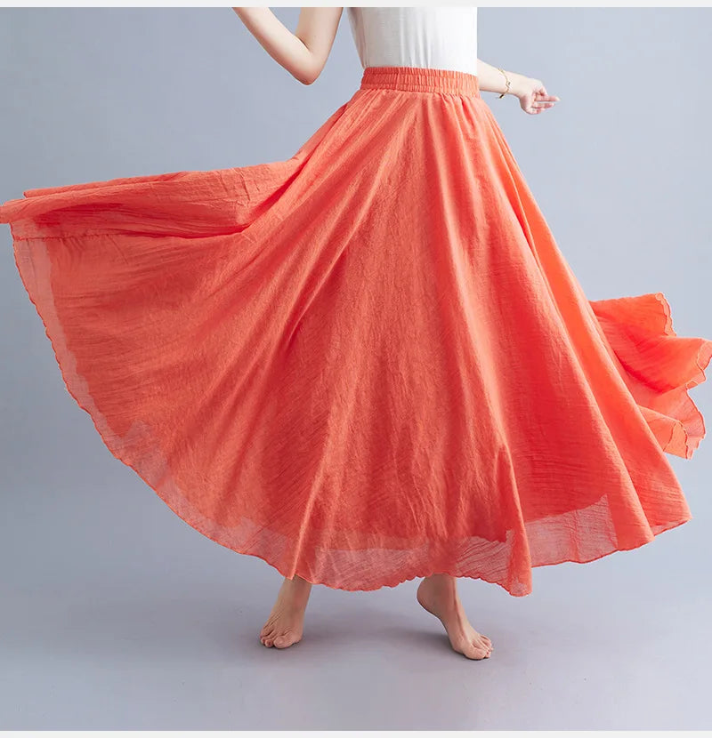 High-Waisted Elastic Cotton & Linen Long Skirt