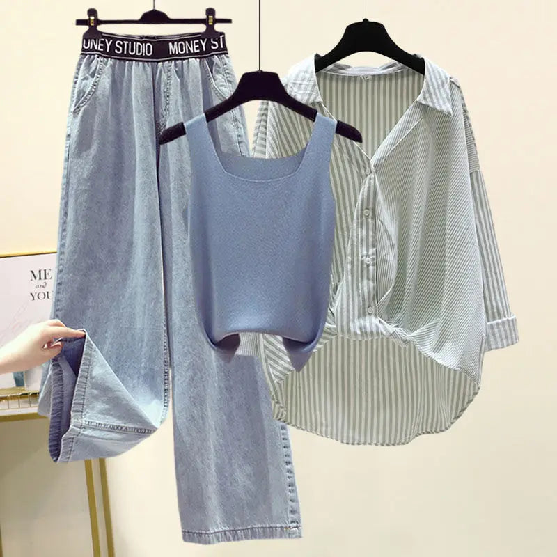 Ensemble 3PCS - Débardeur, Chemise à Rayures & Pantalon Ample
