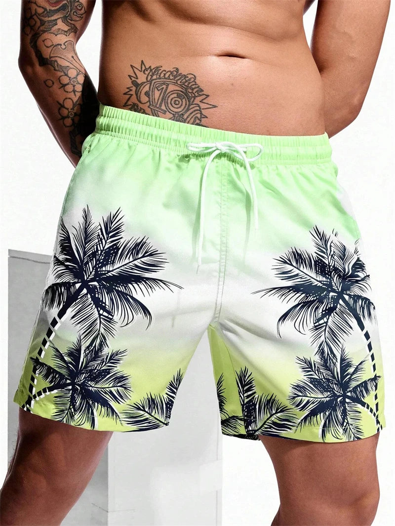 Short de Bain à Cordon et Imprimé Palmier Tropical