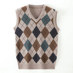 Pull sans manche col V à motif carreaux