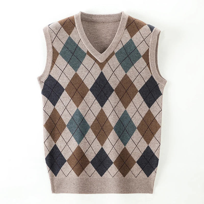 Pull sans manche col V à motif carreaux