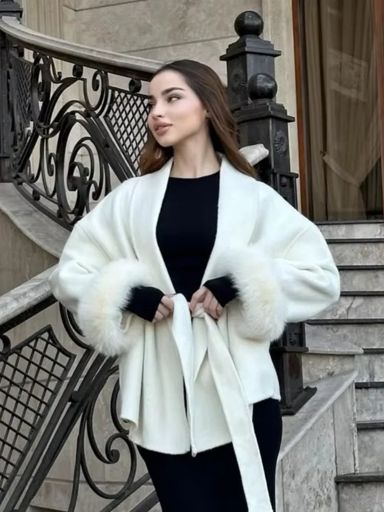 Tie-Waist Mid-Length Coat with Fur Cuffs