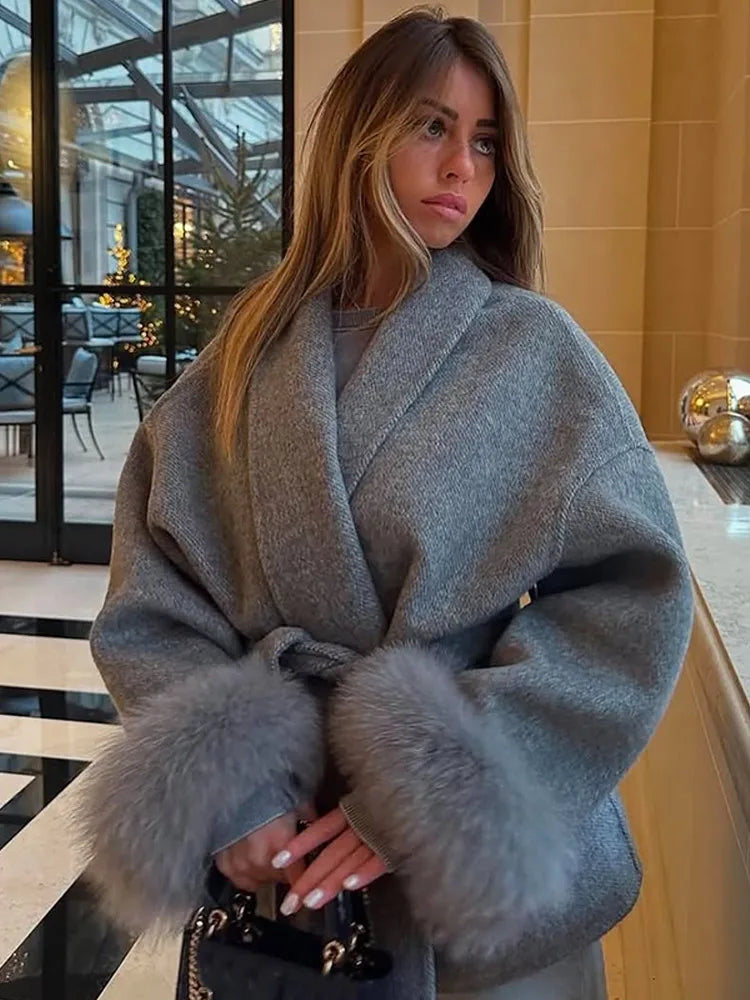 Tie-Waist Mid-Length Coat with Fur Cuffs