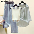 Ensemble 3PCS - Débardeur, Chemise à Rayures & Pantalon Ample