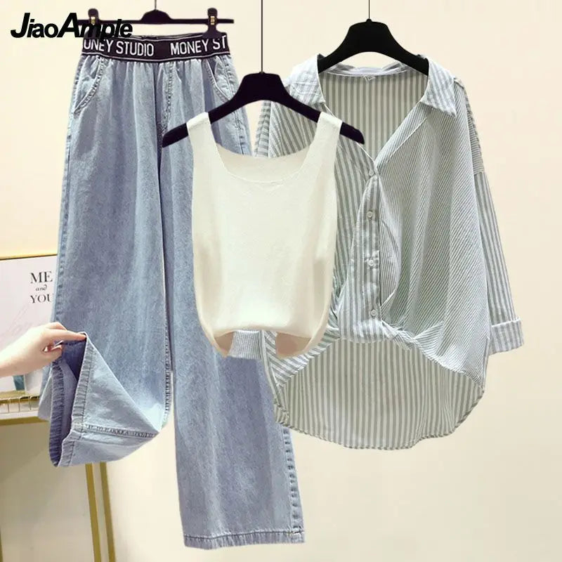 Ensemble 3PCS - Débardeur, Chemise à Rayures & Pantalon Ample