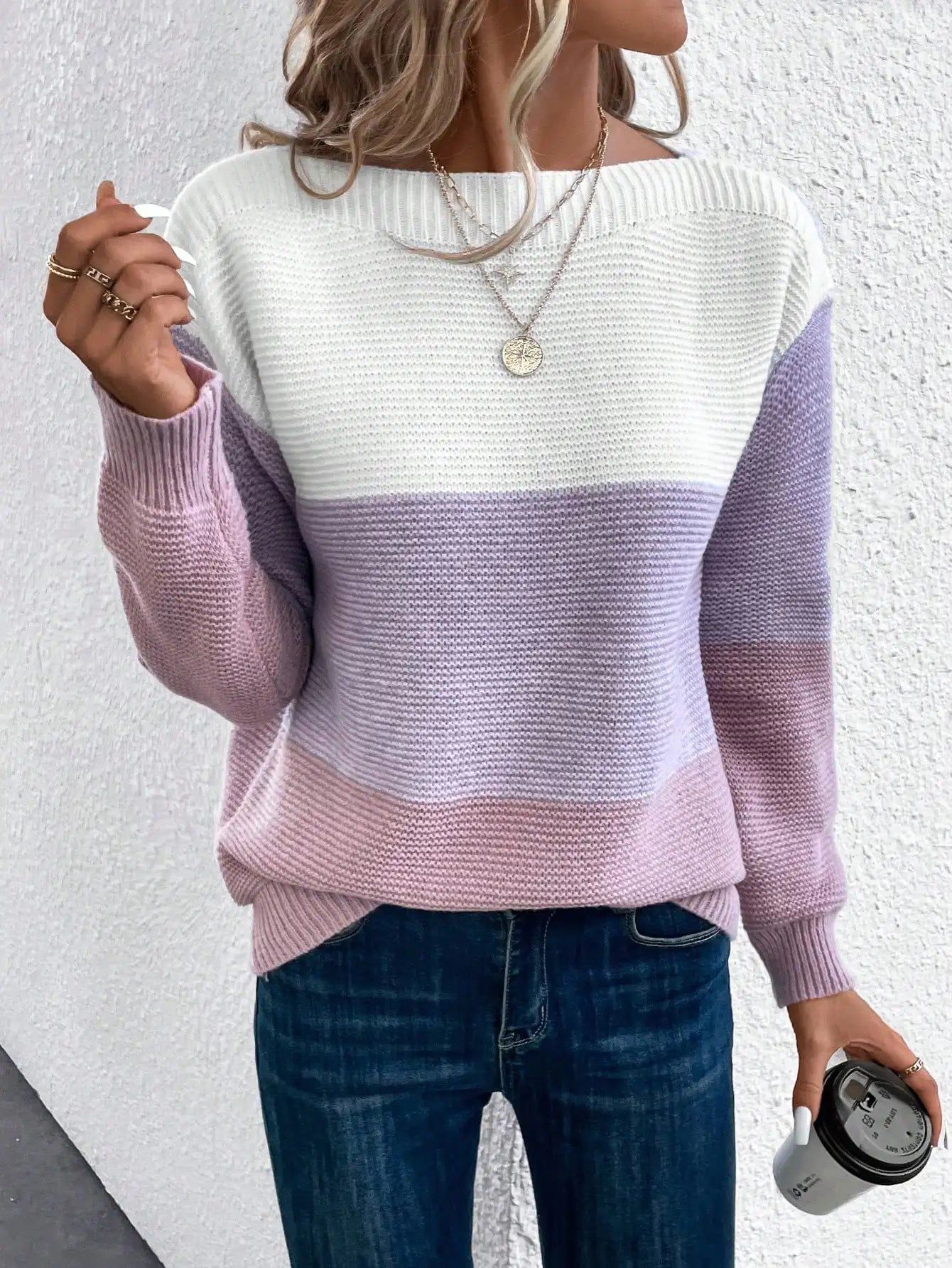 Pull en Maille à 3 Rayures en Dégradé