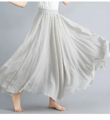 High-Waisted Elastic Cotton & Linen Long Skirt