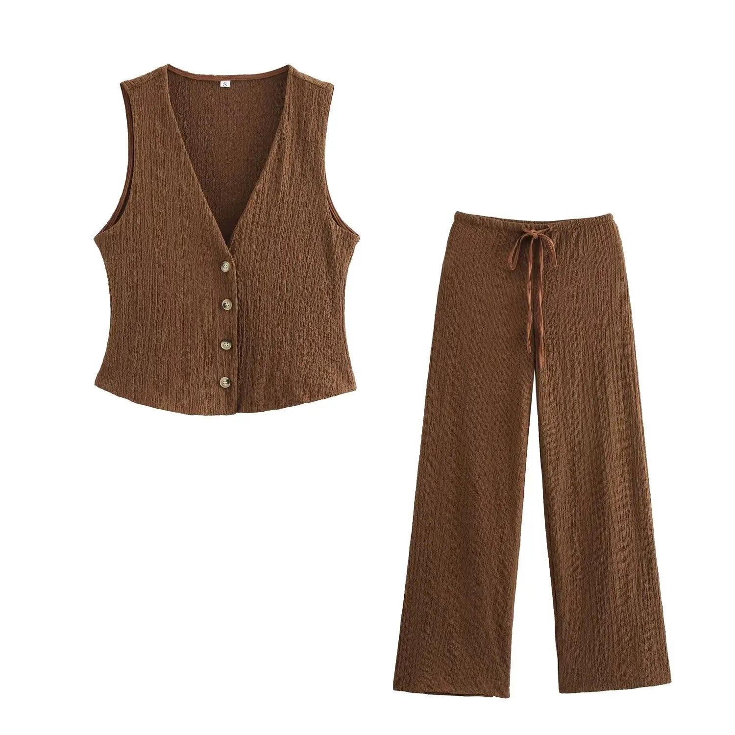 Ensemble 2PCS Texturé Veston Sans Manche à Bouton & Pantalon Élastique