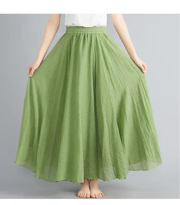 High-Waisted Elastic Cotton & Linen Long Skirt