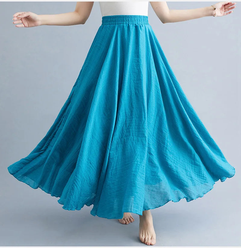 High-Waisted Elastic Cotton & Linen Long Skirt