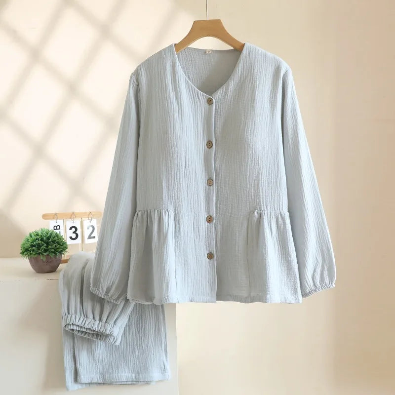 Pyjama Femme en Crêpe de Coton 100% – Ensemble 2 Pièces Col V & Manches Longues
