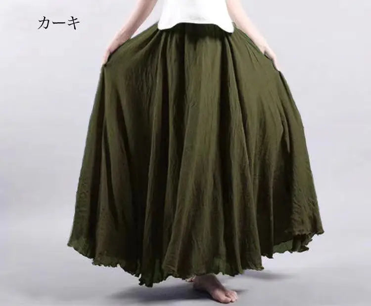 High-Waisted Elastic Cotton & Linen Long Skirt