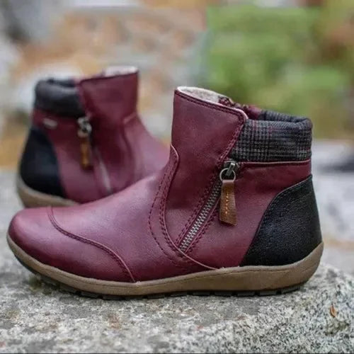 Bottines en Cuir PU & Motif Carreaux à Fermeture Éclair