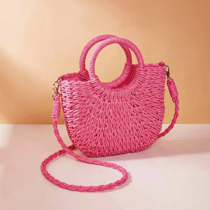 Mini Panier en Osier à Bandoulière Amovible & Fermeture Cordon