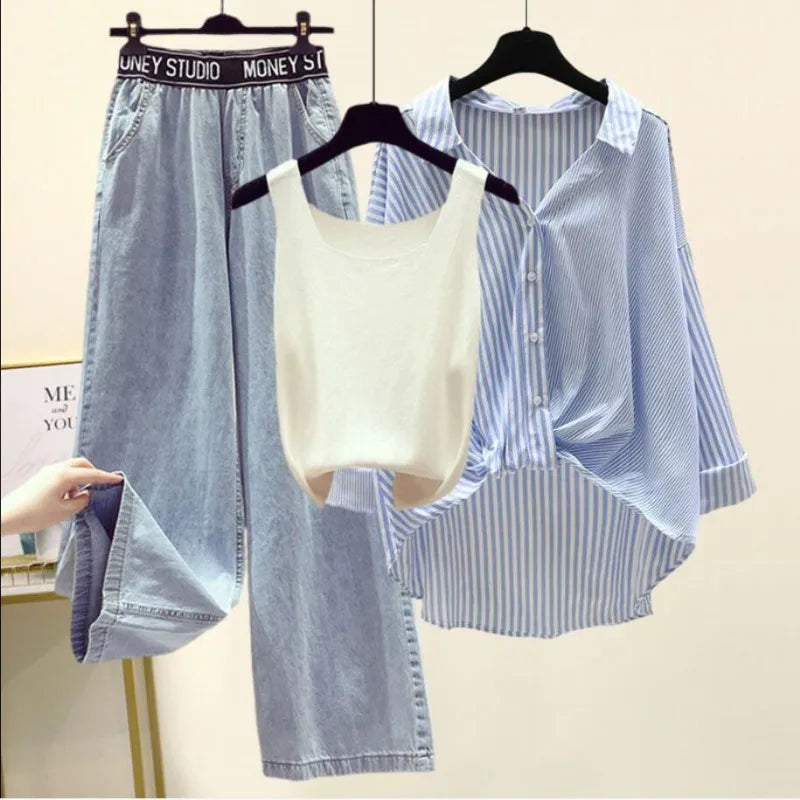 Ensemble 3PCS - Débardeur, Chemise à Rayures & Pantalon Ample