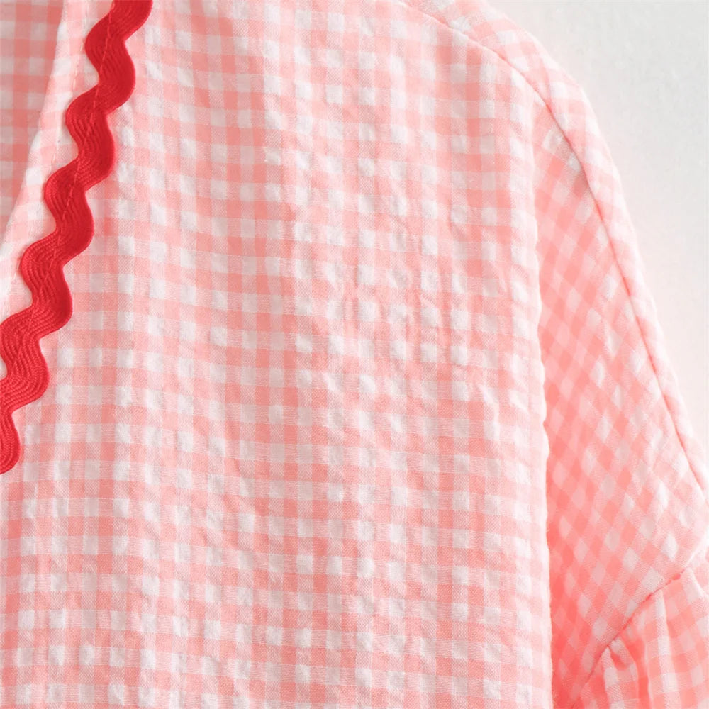 Intims - Chemisier à Carreaux Poches en Coeur à Manches Bouffantes pour Femme - 34567FR