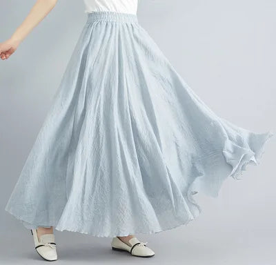 High-Waisted Elastic Cotton & Linen Long Skirt