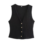 Ensemble 2PCS Texturé Veston Sans Manche à Bouton & Pantalon Élastique