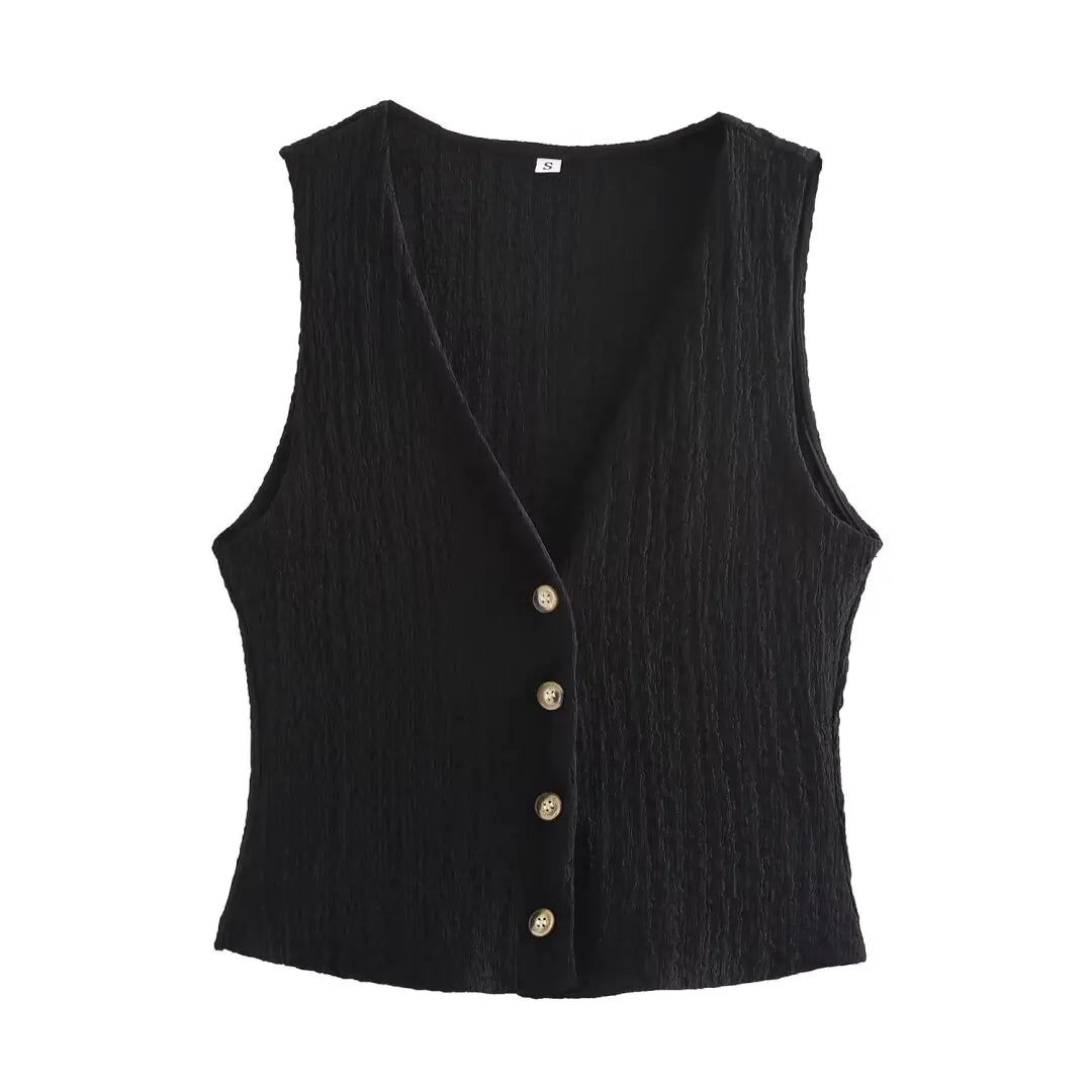 Ensemble 2PCS Texturé Veston Sans Manche à Bouton & Pantalon Élastique