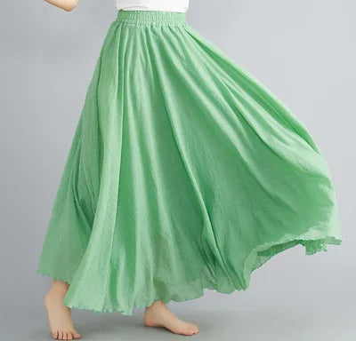 High-Waisted Elastic Cotton & Linen Long Skirt