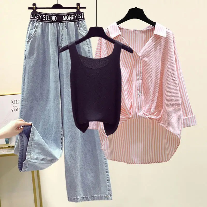 Ensemble 3PCS - Débardeur, Chemise à Rayures & Pantalon Ample