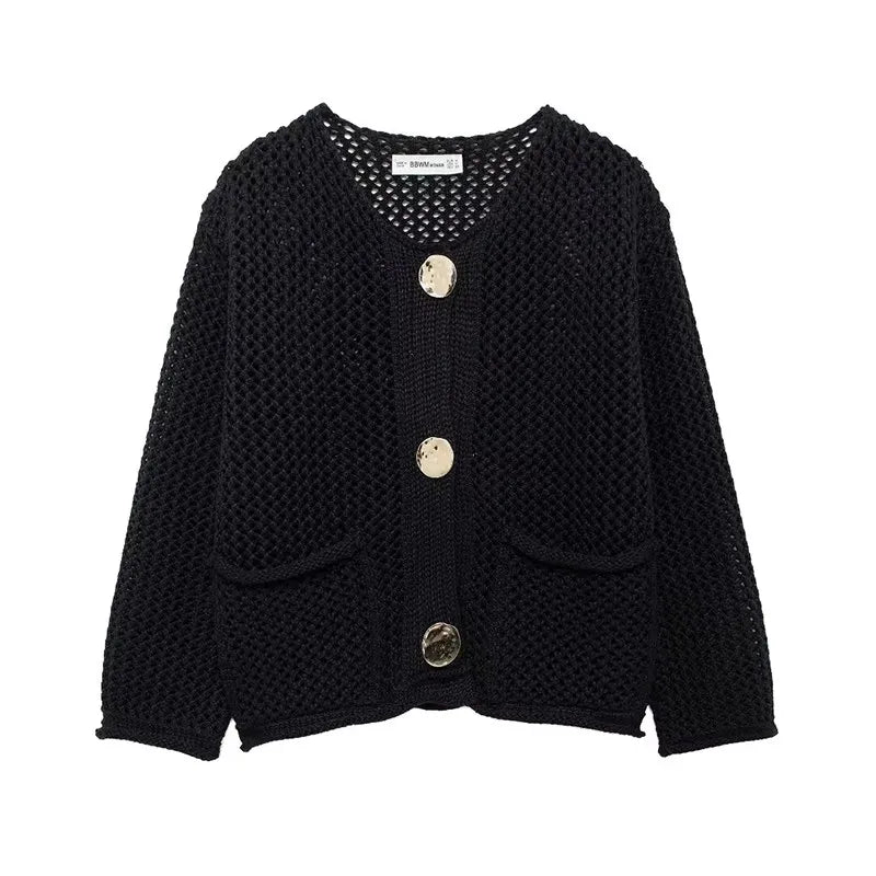 Intims - Cardigan à grosse maille ajourée avec détails gros boutons dorés - 48231FR