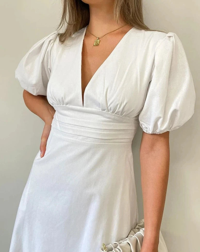 Intims - Robe mi-longue Blanche à manches bouffantes & Col V - 86420FR