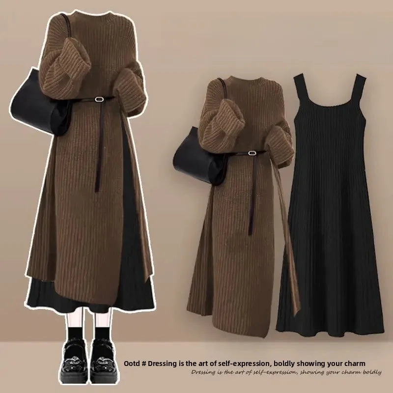 Robe Pull 2 en 1 en Tricot Casual & Chaud - Ensemble 2PCS