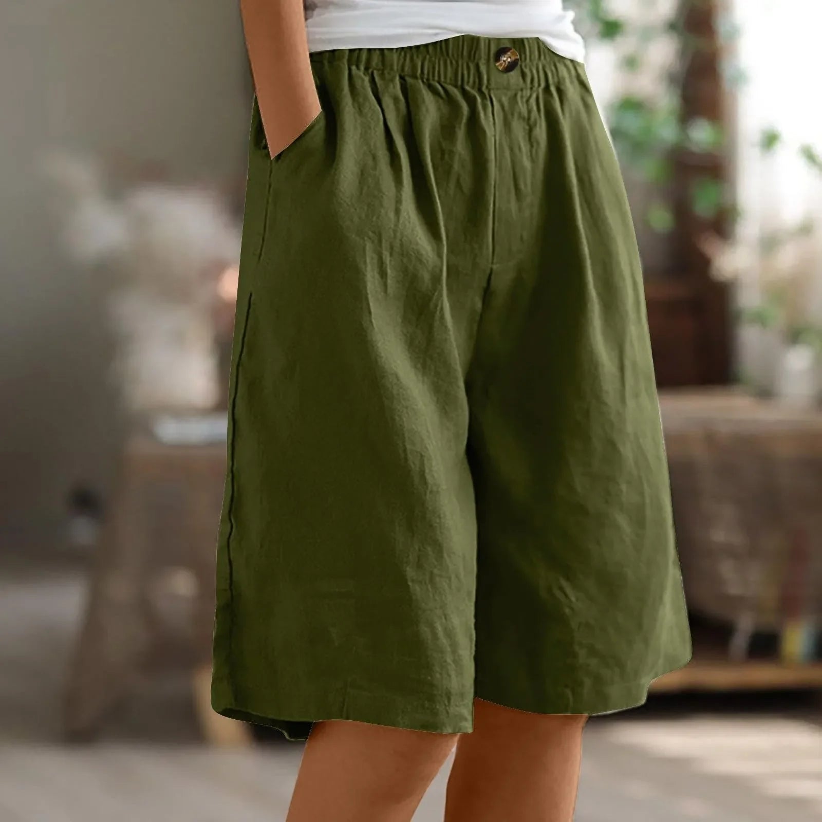 Short Long Femme Coton & Lin Taille Élastique