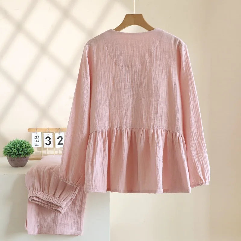 Pyjama Femme en Crêpe de Coton 100% – Ensemble 2 Pièces Col V & Manches Longues