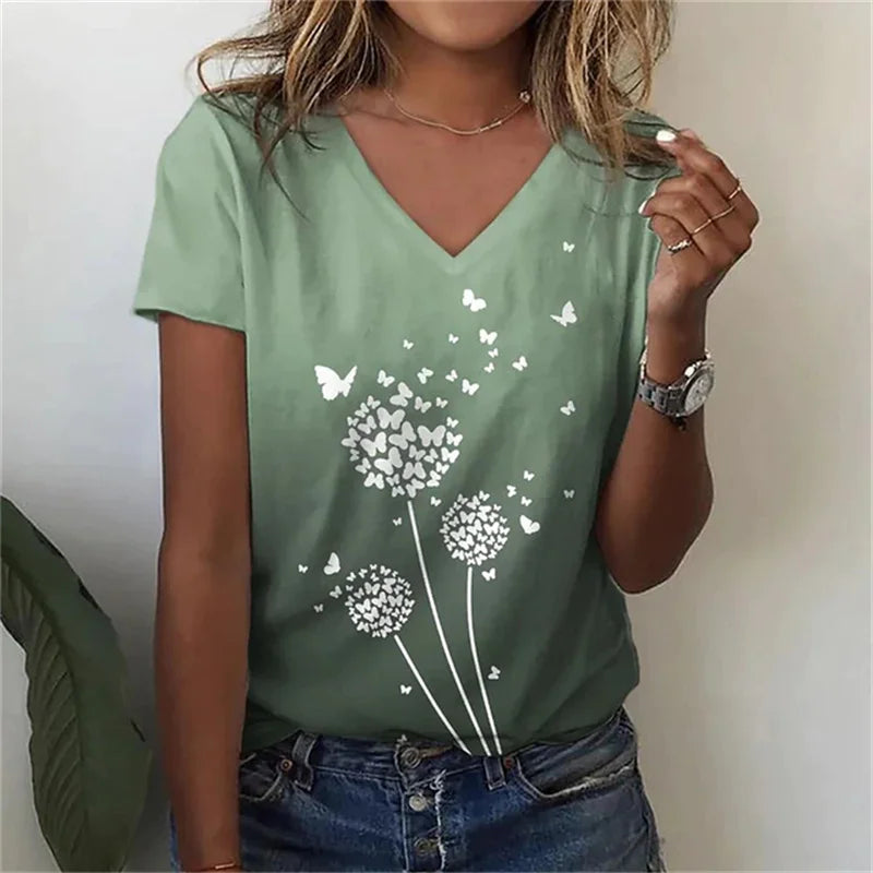 T-shirt Décontracté à Col V Imprimé Fleur pour Femmes - 3762FR