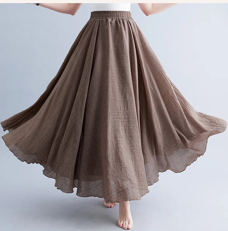 High-Waisted Elastic Cotton & Linen Long Skirt
