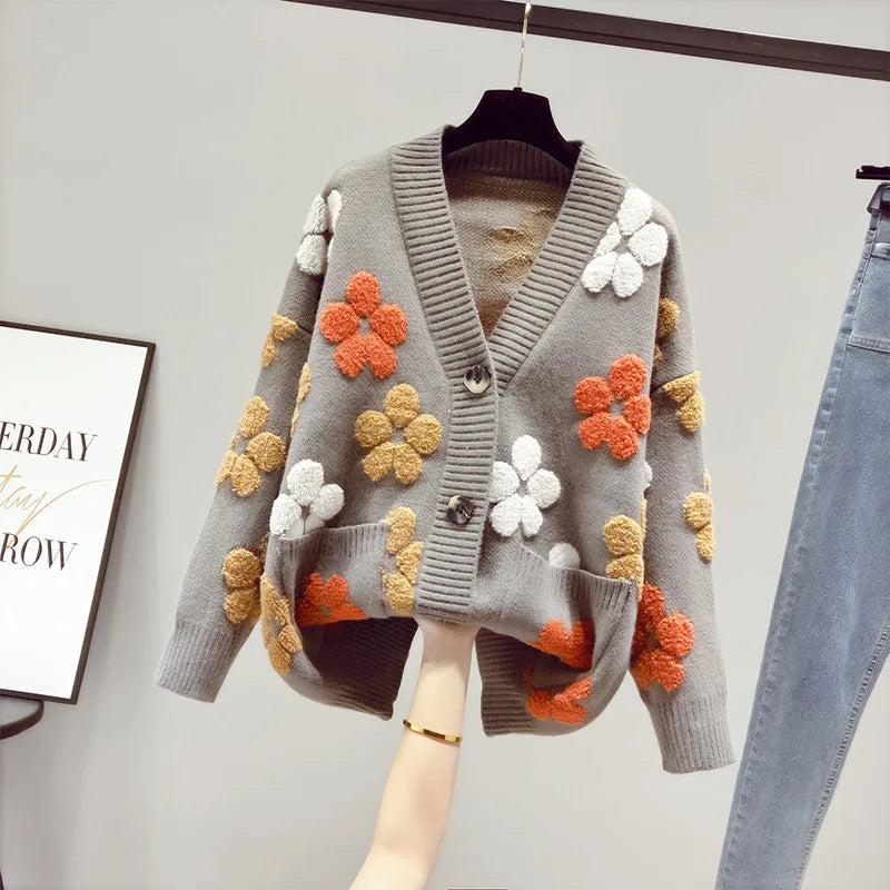 Cardigan en maille à Motif Floral en Relief