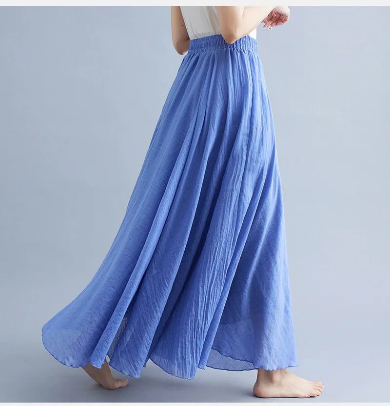 High-Waisted Elastic Cotton & Linen Long Skirt
