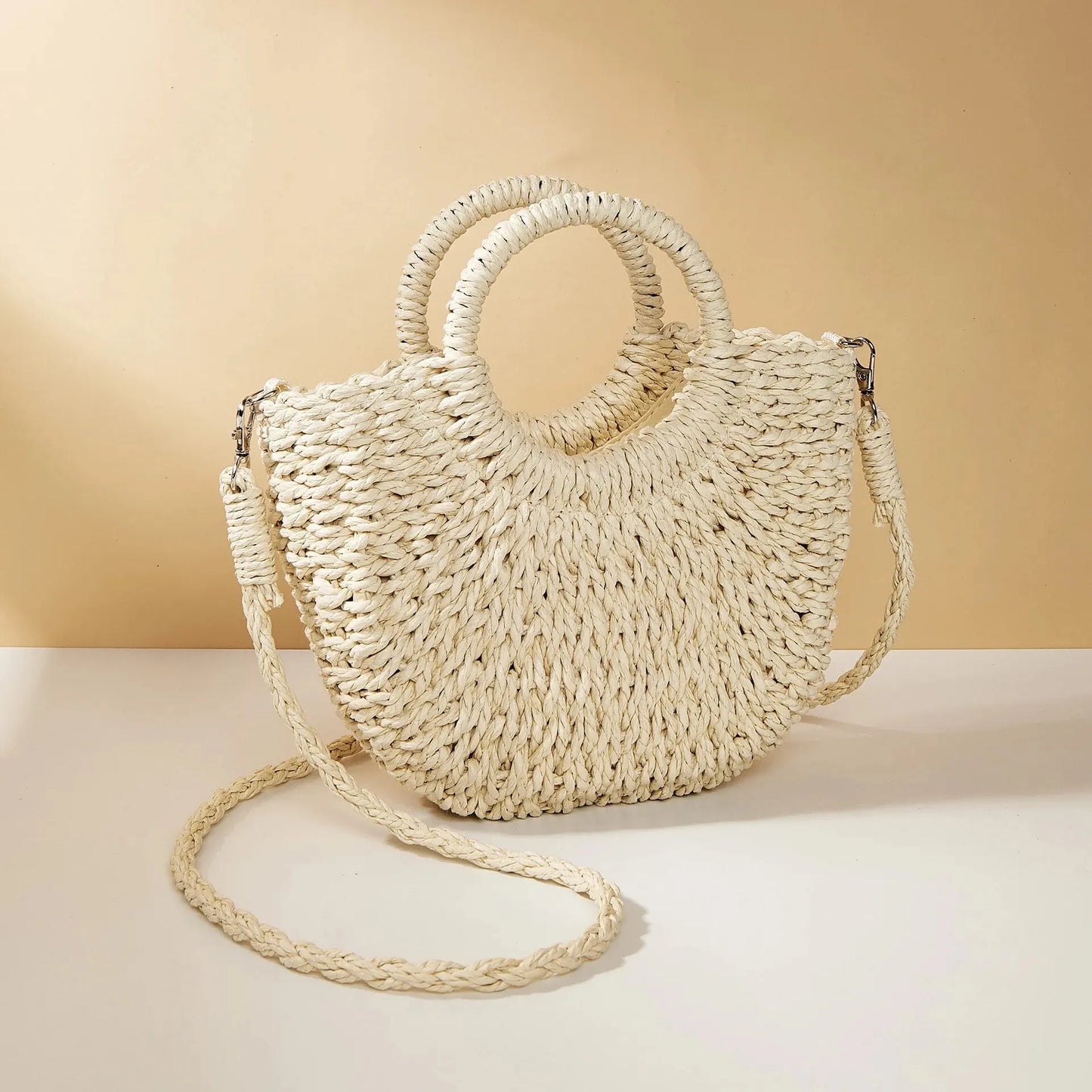 Mini Panier en Osier à Bandoulière Amovible & Fermeture Cordon