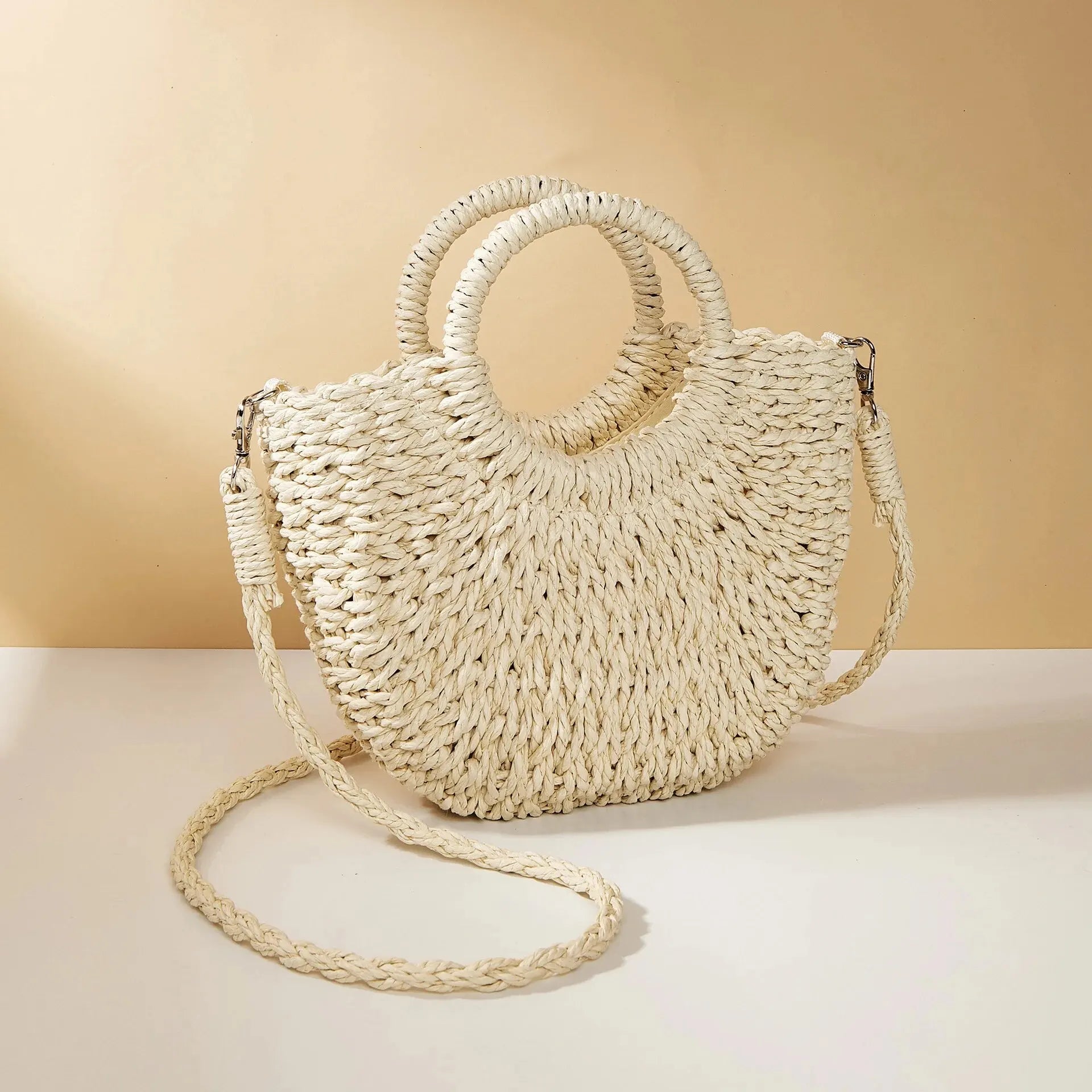 Mini Panier en Osier à Bandoulière Amovible & Fermeture Cordon