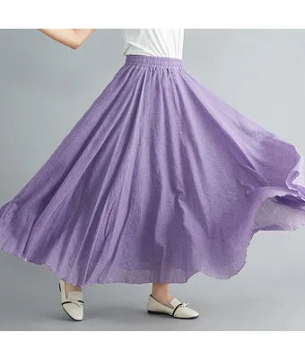 High-Waisted Elastic Cotton & Linen Long Skirt