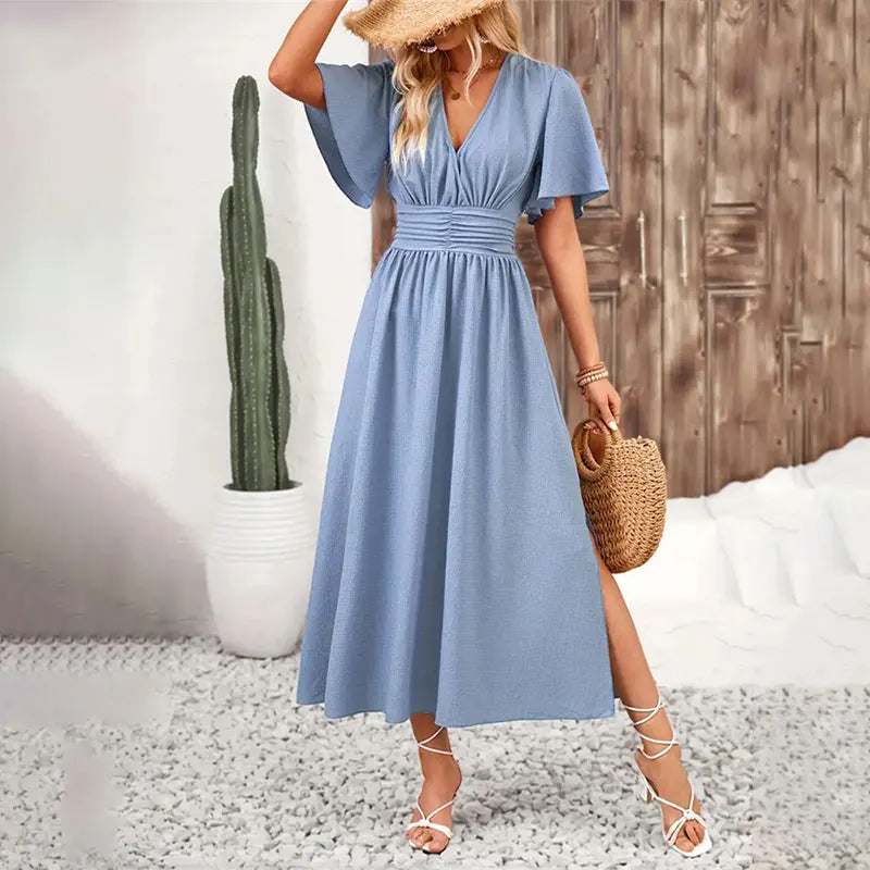 Robe longue Infroissable Col V à Taille Cintrée