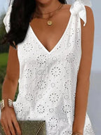 Robe Blanche d'Été Ajourée avec Noeuds sur Épaules