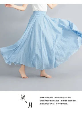 High-Waisted Elastic Cotton & Linen Long Skirt