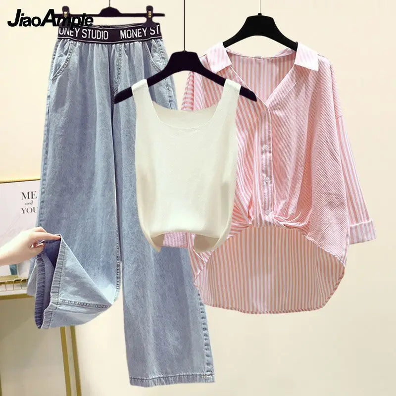 Ensemble 3PCS - Débardeur, Chemise à Rayures & Pantalon Ample