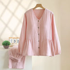 Pyjama Femme en Crêpe de Coton 100% – Ensemble 2 Pièces Col V & Manches Longues