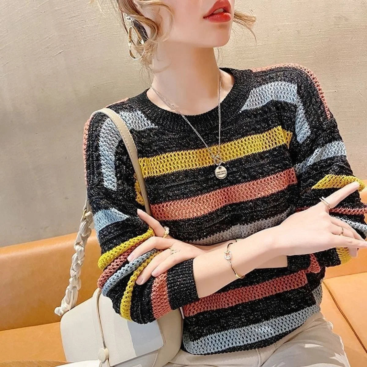 Colorful Striped Knit Sweater - Women