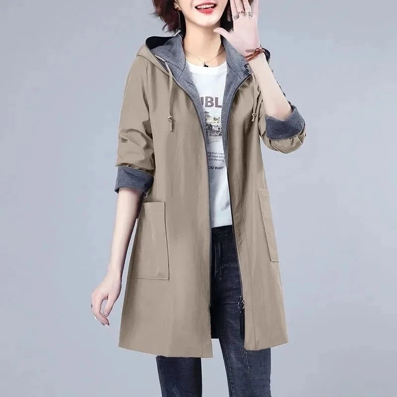 Coupe-Vent Mi-Long à Capuche pour Femme