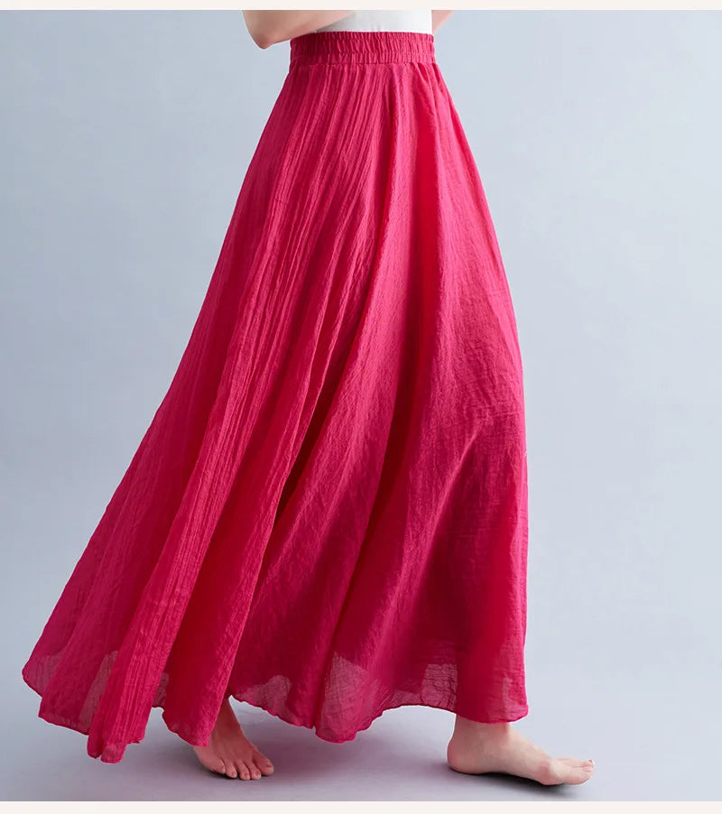 High-Waisted Elastic Cotton & Linen Long Skirt